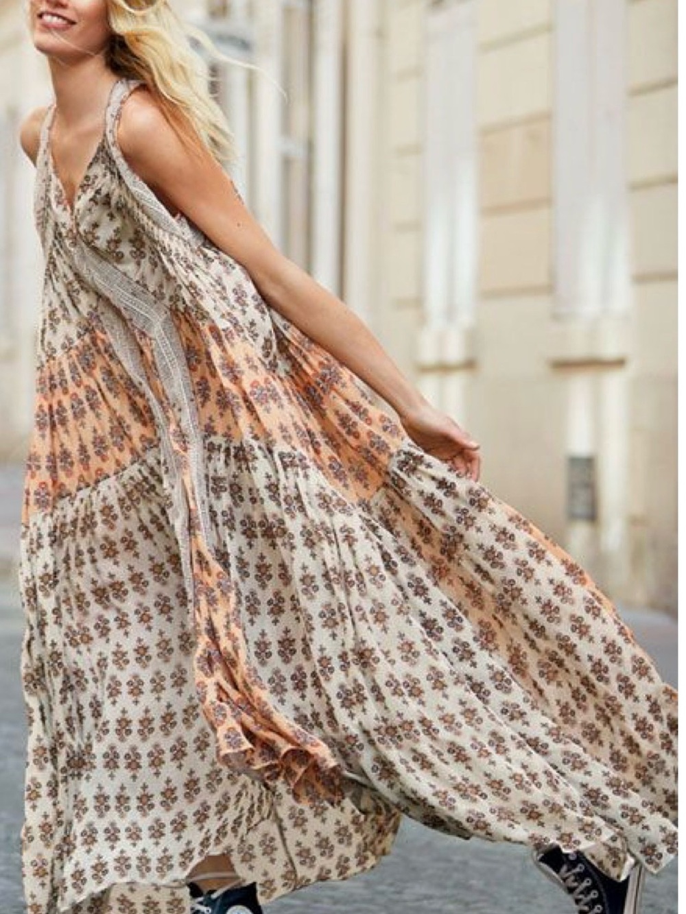 Free People We Broke Free tiered boho beaded maxi dress in cream and pink